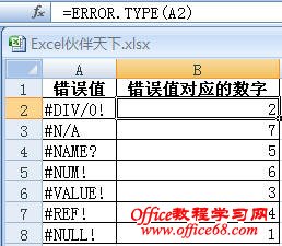 Excel使用ERROR.TYPE函数获得错误值对应的数字