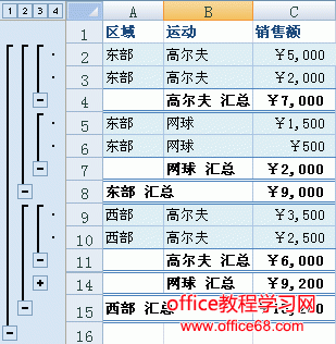 Excel中插入分类汇总的嵌套级别的方法图解详细教程1