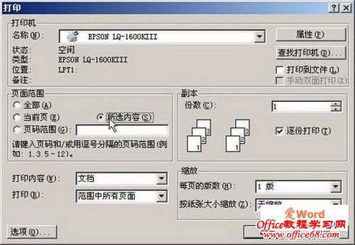 选中“所选内容”单选框